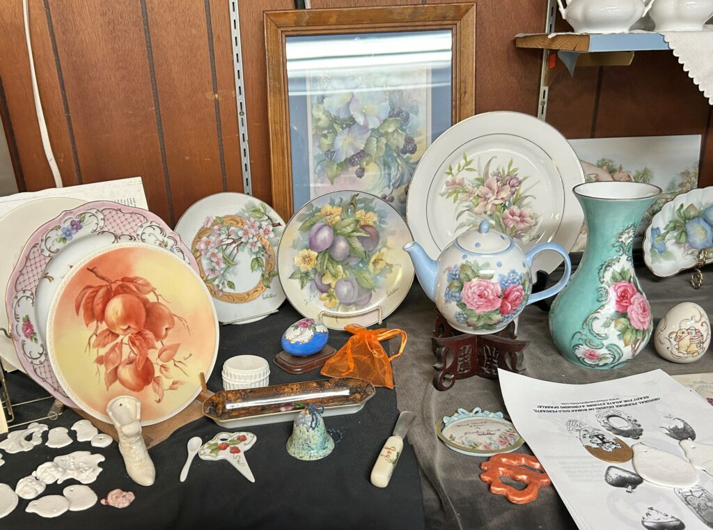 There are many hand painted pieces adorning Whitler’s home art studio. These selections were set aside for family members.