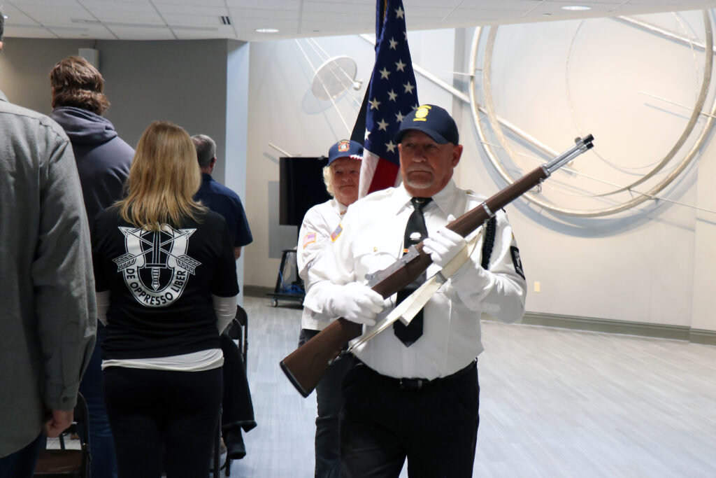 The Color Guard from Eldorado VFW Post 3479 retires the colors to conclude the Veterans Recognition Ceremony at Southeastern Illinois College.